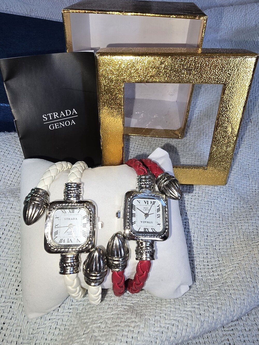 Womens STRADA Genoa Braided Leather Watch Bracelet - Red & White